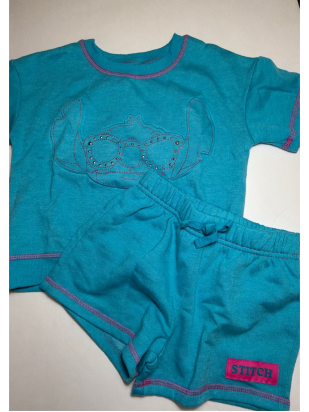 Girls Disney Stitch Soft Knit Shorts Set With Metal Sequin Detail Size 5